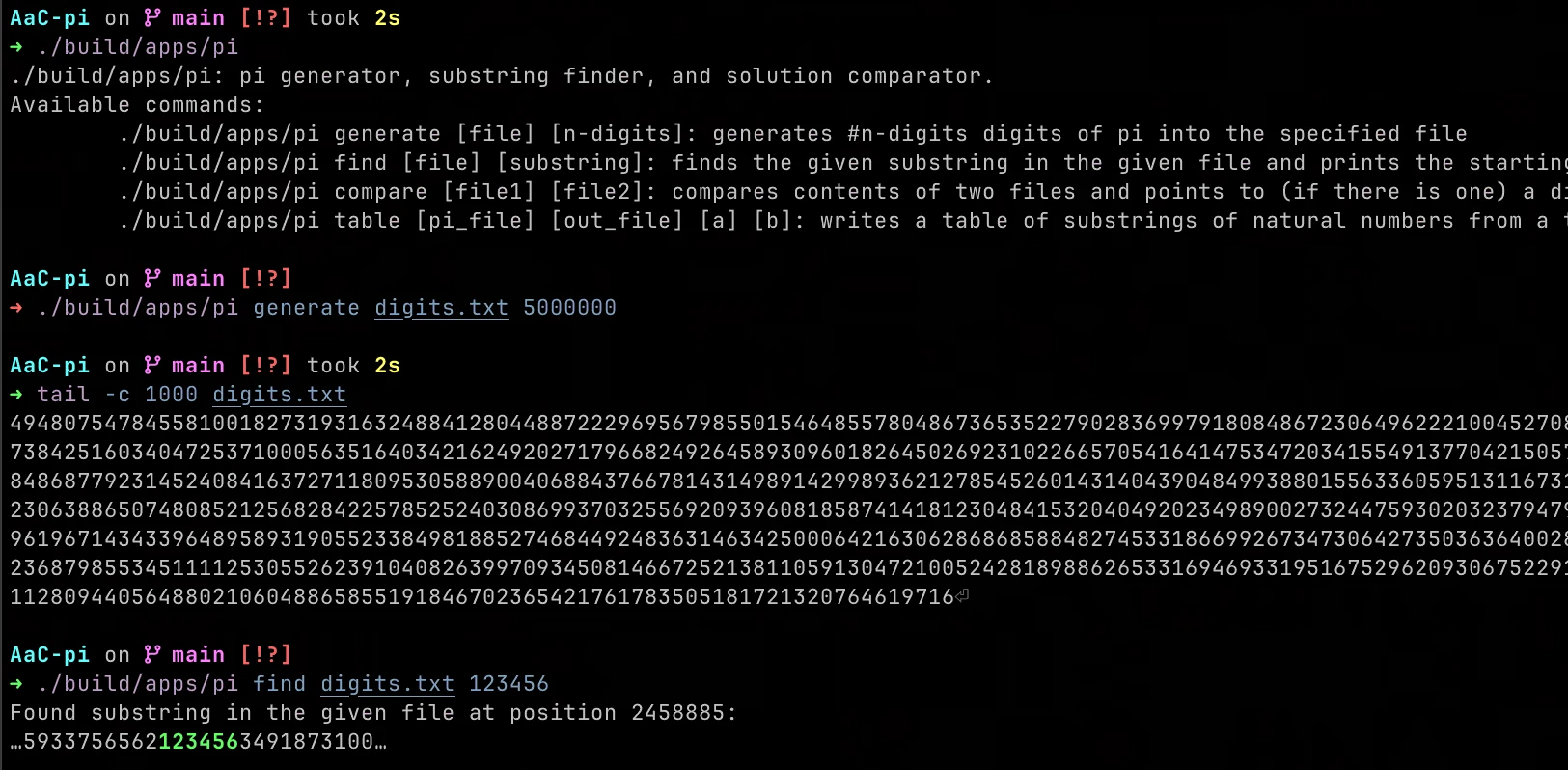 Screenshot of the π digits program invocations