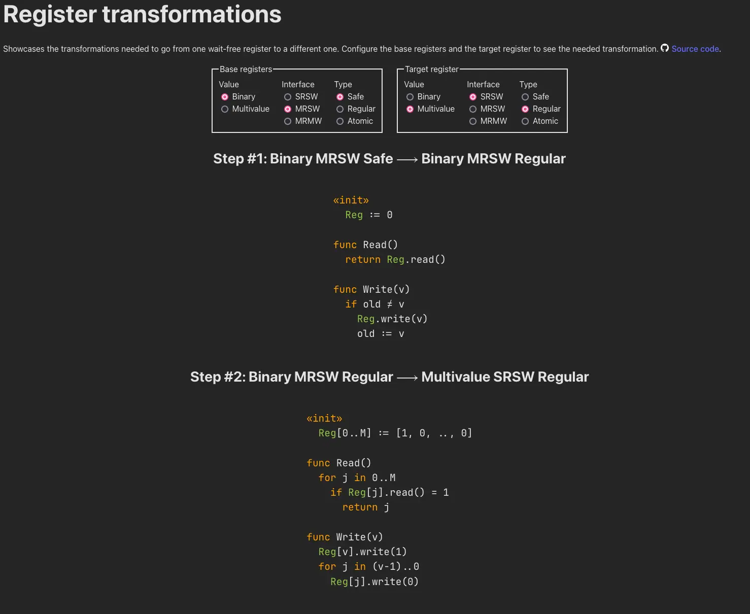 Example of a register transformation from a binary safe single-writer multi-reader register to a multivalue regular single-writer single-reader register