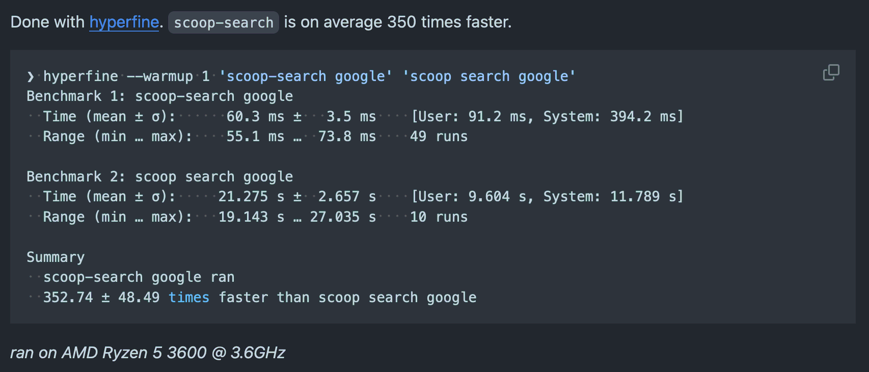 Benchmark showing scoop-search is 350 times faster than scoop search